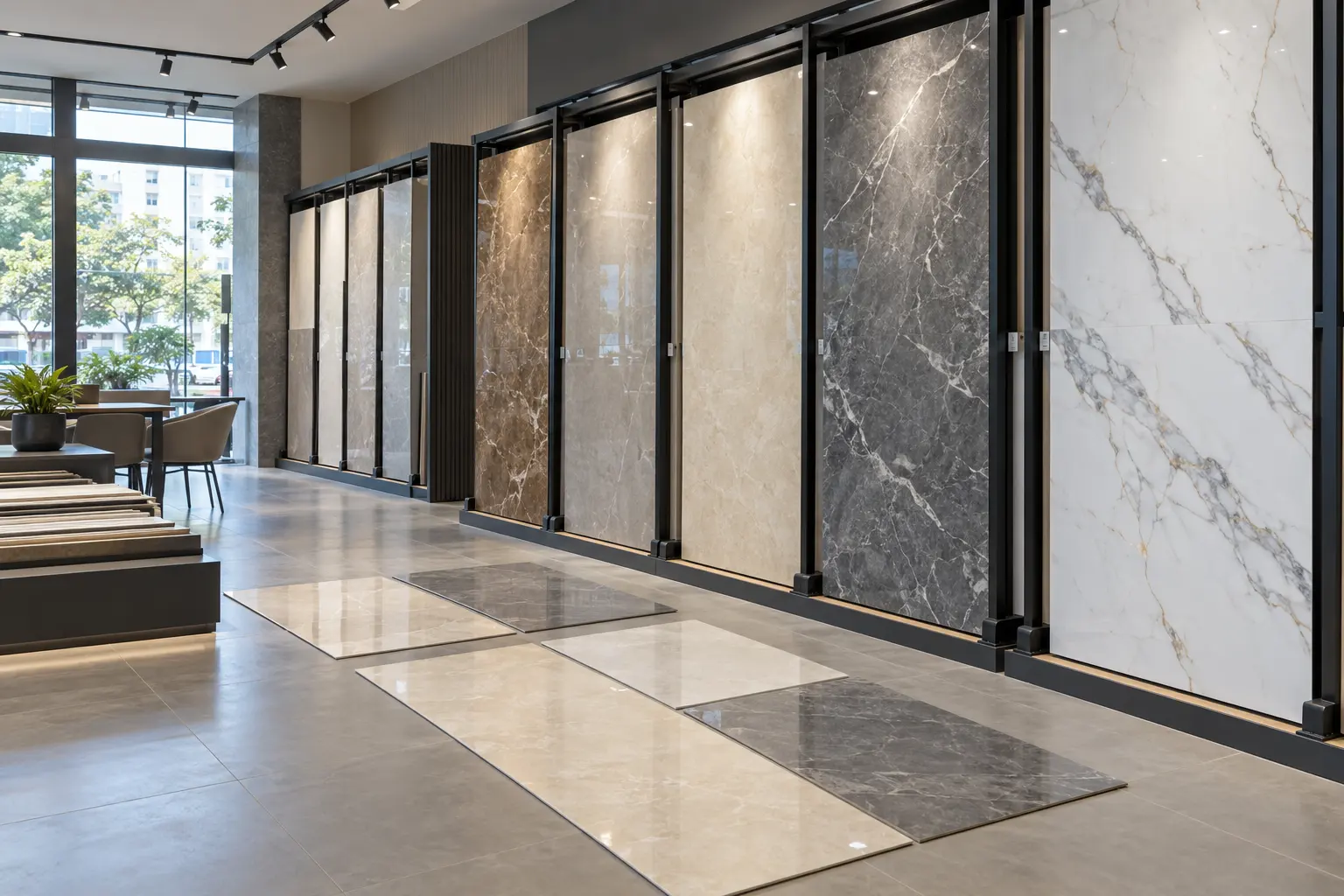 Large tile slabs standing on display racks in a showroom